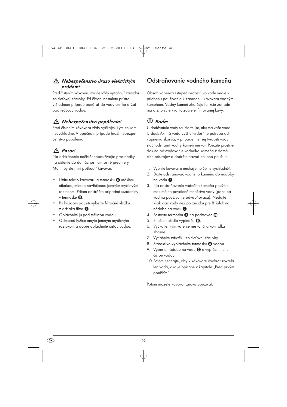 Odstraňovanie vodného kameňa, Nebezpečenstvo úrazu elektrickým prúdom, Nebezpečenstvo popálenia | Pozor, Rada | Silvercrest SKAD 1000 A1 User Manual | Page 48 / 58