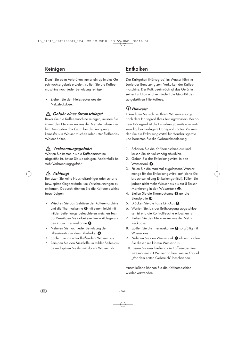 Reinigen, Entkalken, Gefahr eines stromschlags | Verbrennungsgefahr, Achtung, Hinweis | Silvercrest SKAD 1000 A1 User Manual | Page 56 / 58