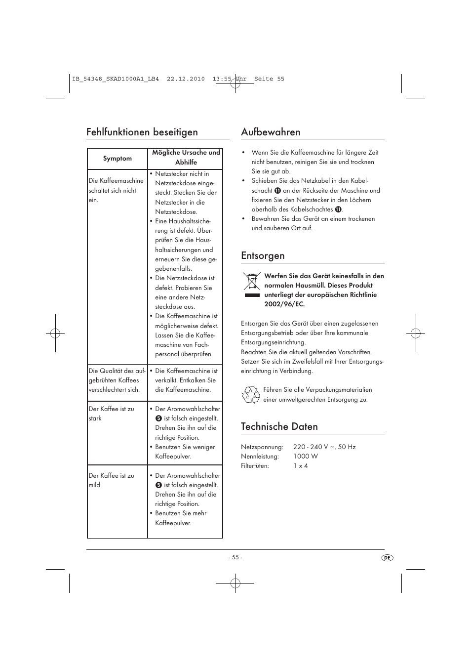 Fehlfunktionen beseitigen, Aufbewahren, Entsorgen | Technische daten | Silvercrest SKAD 1000 A1 User Manual | Page 57 / 58