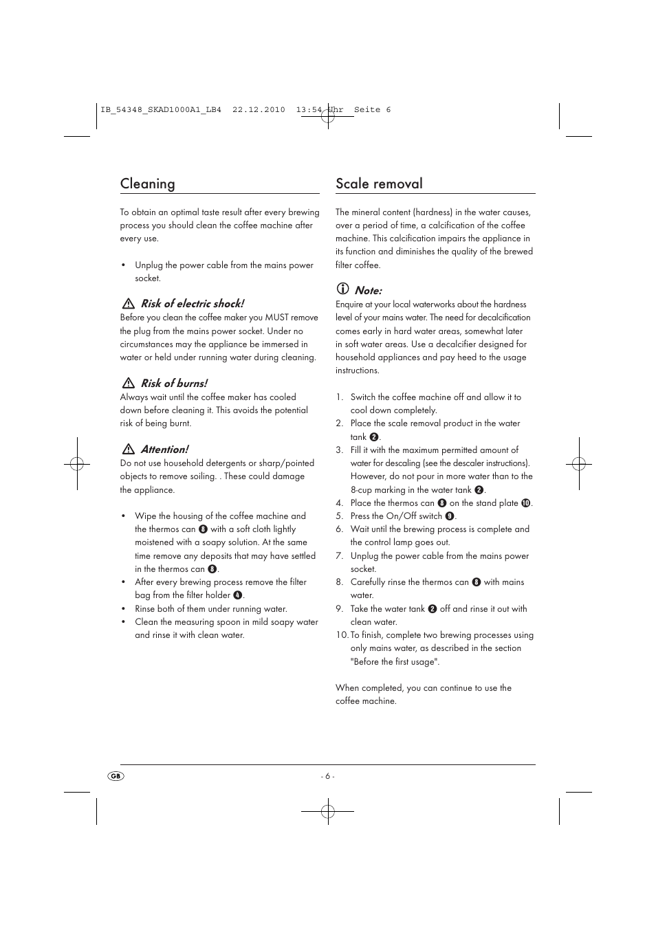 Cleaning, Scale removal, Risk of electric shock | Risk of burns, Attention | Silvercrest SKAD 1000 A1 User Manual | Page 8 / 58
