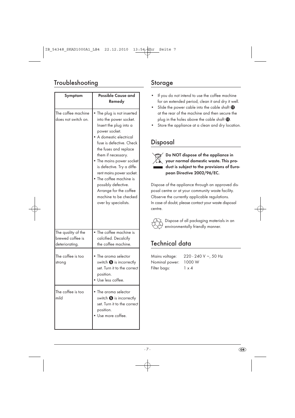 Troubleshooting, Storage, Disposal | Technical data | Silvercrest SKAD 1000 A1 User Manual | Page 9 / 58