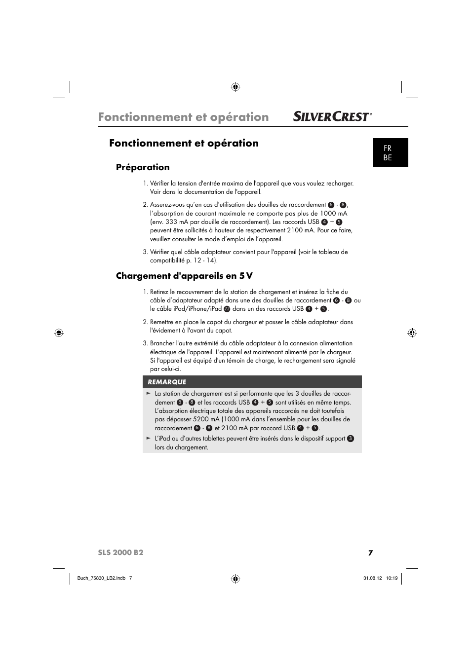 Fonctionnement et opération, Préparation, Chargement d'appareils en 5 v | Fr be | Silvercrest SLS 2000 B2 User Manual | Page 10 / 60