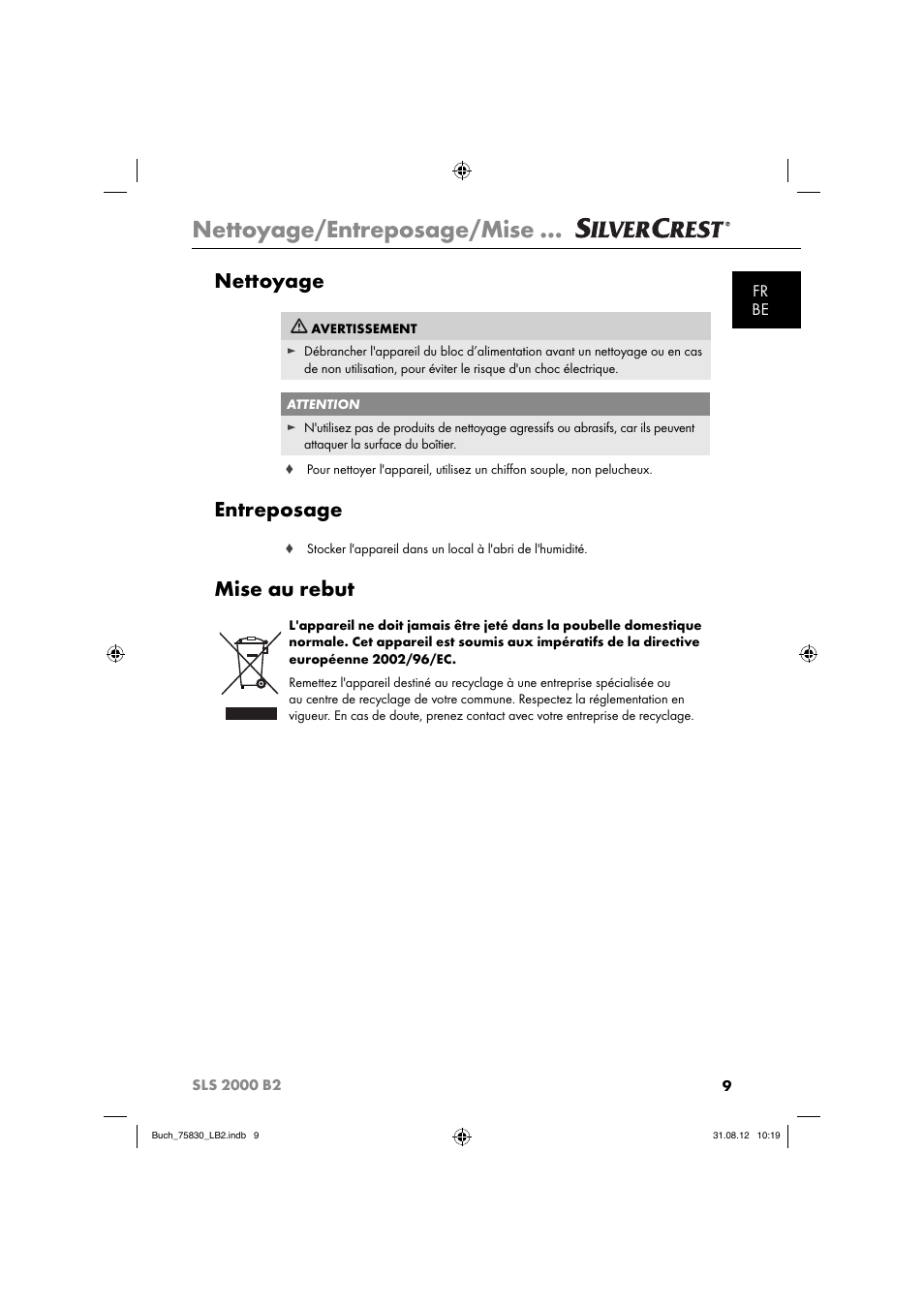 Nettoyage/entreposage/mise, Nettoyage, Entreposage | Mise au rebut, Fr be | Silvercrest SLS 2000 B2 User Manual | Page 12 / 60