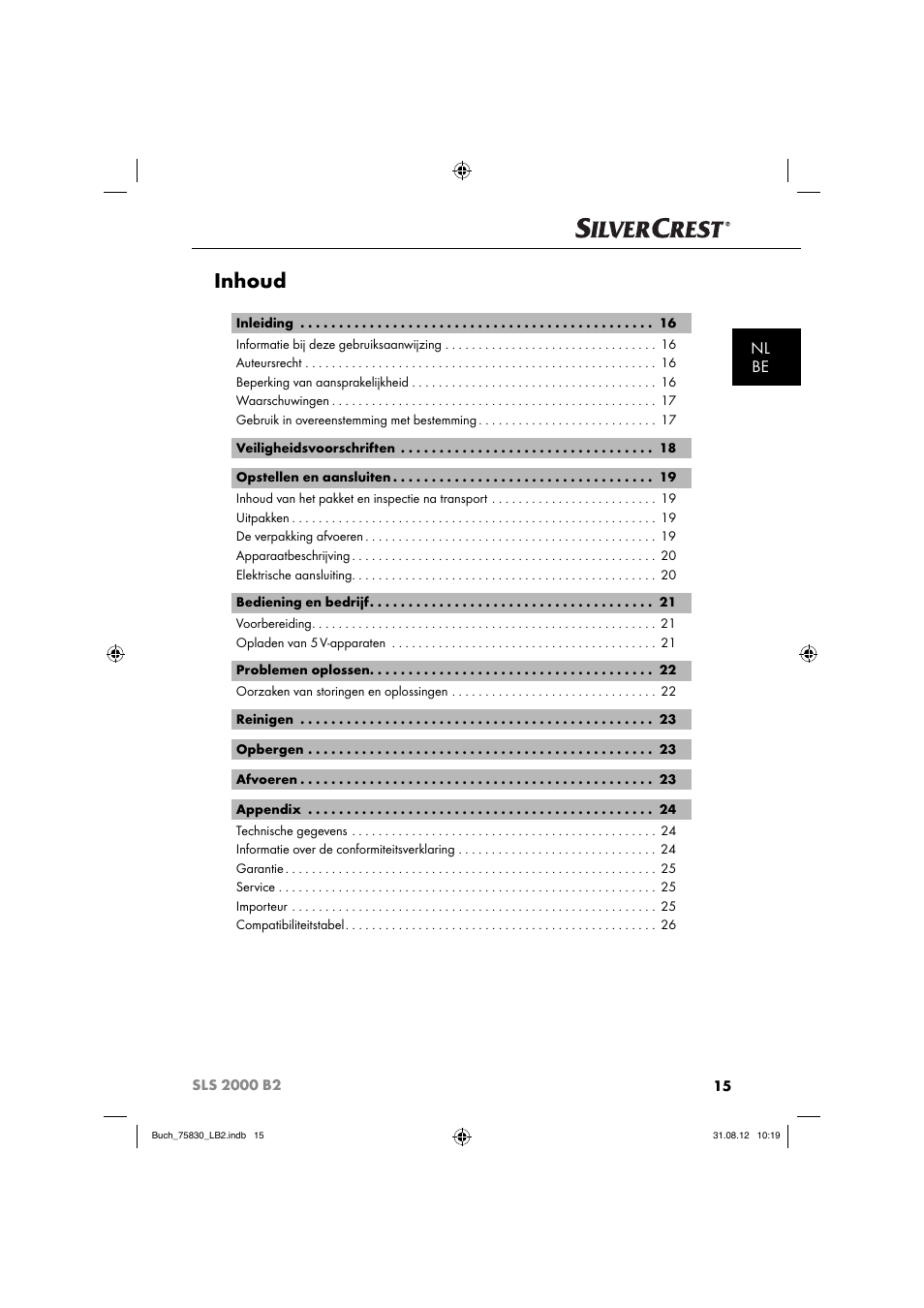 Inhoud, Nl be | Silvercrest SLS 2000 B2 User Manual | Page 18 / 60