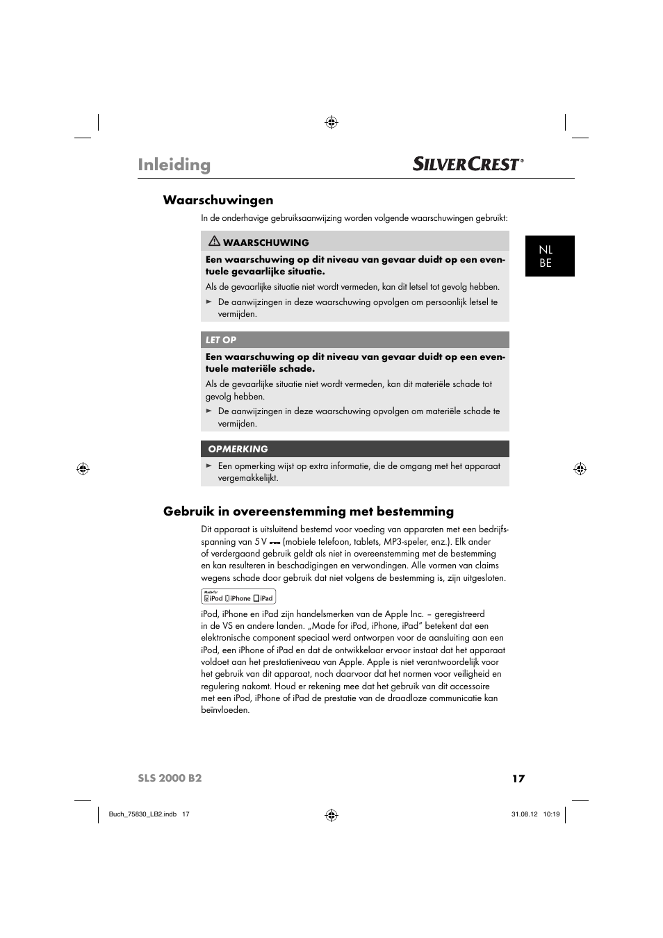 Inleiding, Waarschuwingen, Gebruik in overeenstemming met bestemming | Nl be | Silvercrest SLS 2000 B2 User Manual | Page 20 / 60