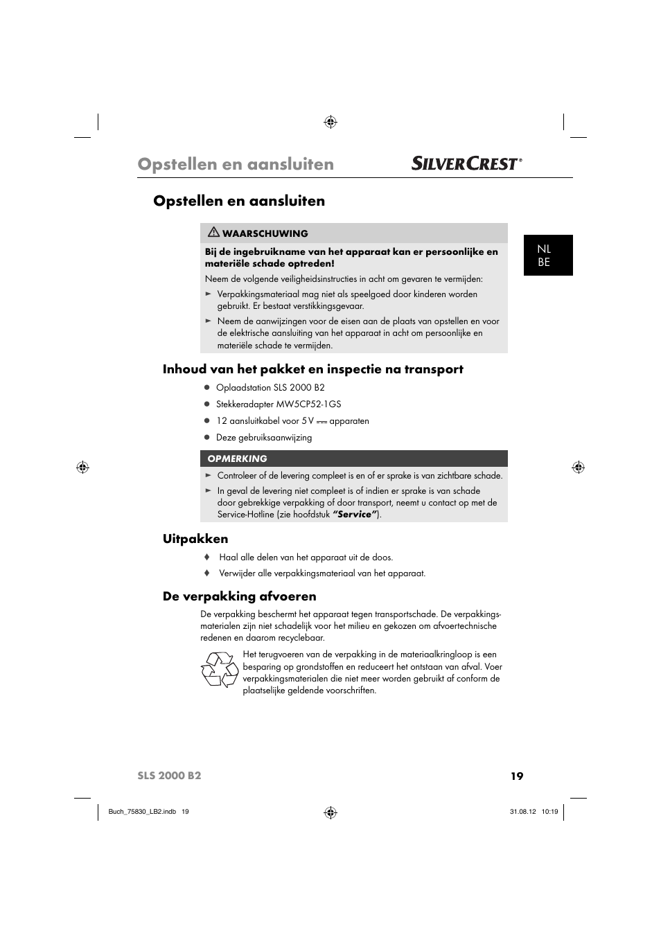 Opstellen en aansluiten, Inhoud van het pakket en inspectie na transport, Uitpakken | De verpakking afvoeren, Nl be | Silvercrest SLS 2000 B2 User Manual | Page 22 / 60