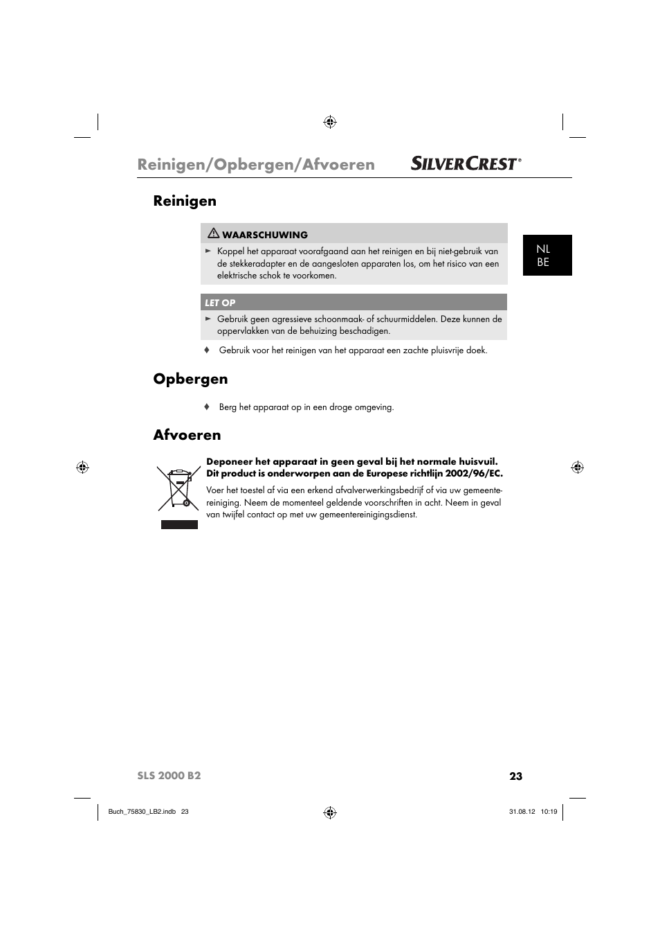 Reinigen/opbergen/afvoeren, Reinigen, Opbergen | Afvoeren, Nl be | Silvercrest SLS 2000 B2 User Manual | Page 26 / 60