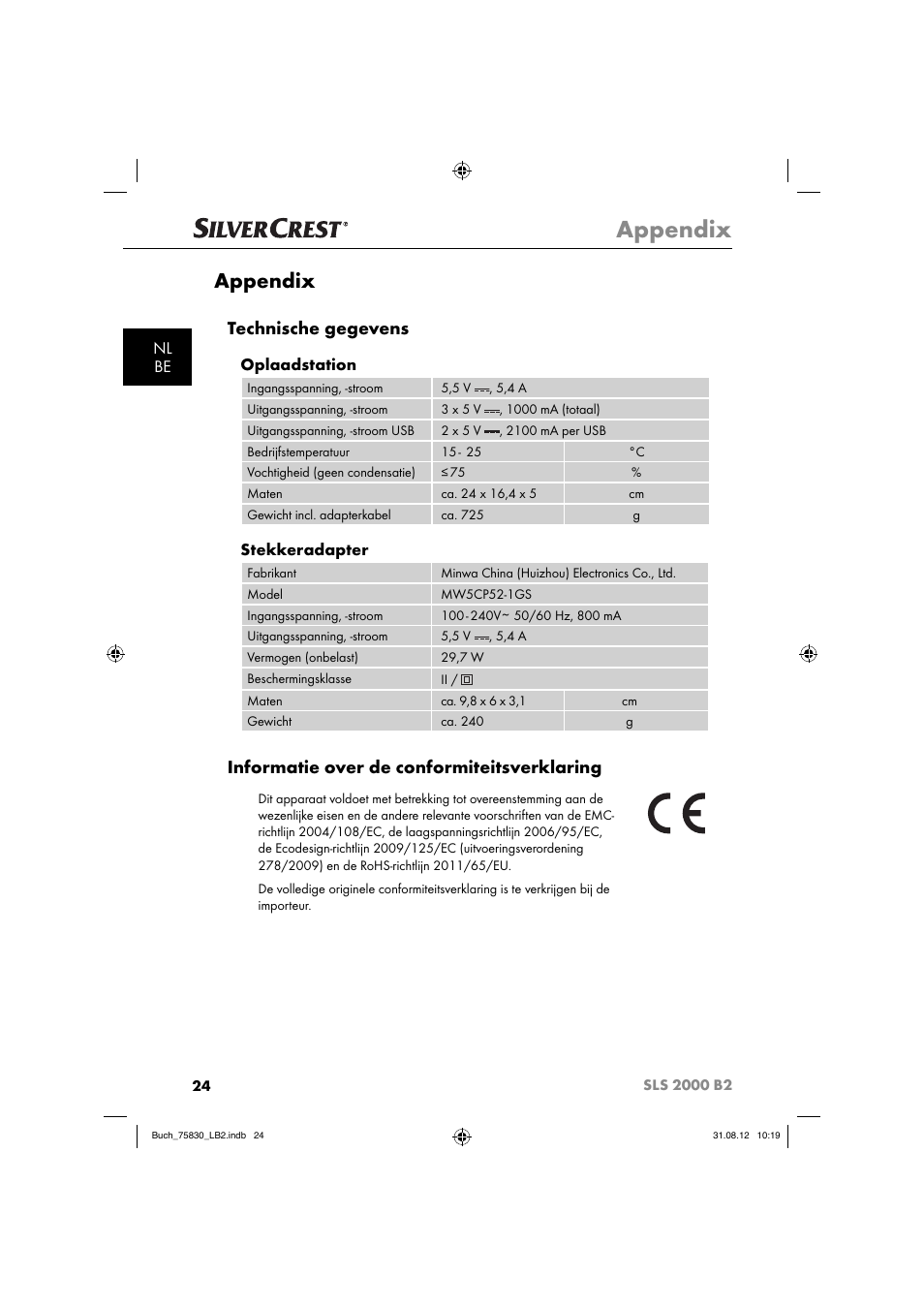 Appendix, Technische gegevens, Informatie over de conformiteitsverklaring | Nl be, Oplaadstation, Stekkeradapter | Silvercrest SLS 2000 B2 User Manual | Page 27 / 60