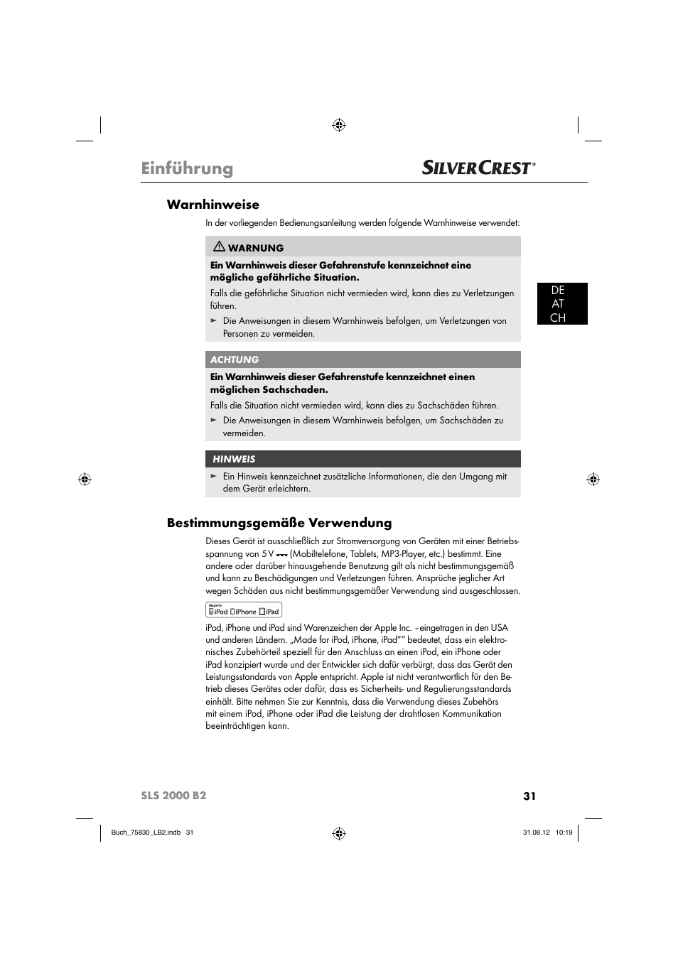 Einführung, Warnhinweise, Bestimmungsgemäße verwendung | De at ch | Silvercrest SLS 2000 B2 User Manual | Page 34 / 60