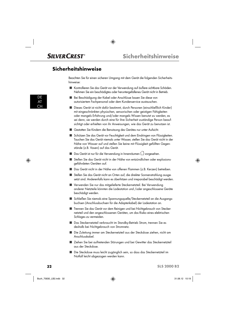 Sicherheitshinweise, De at ch | Silvercrest SLS 2000 B2 User Manual | Page 35 / 60