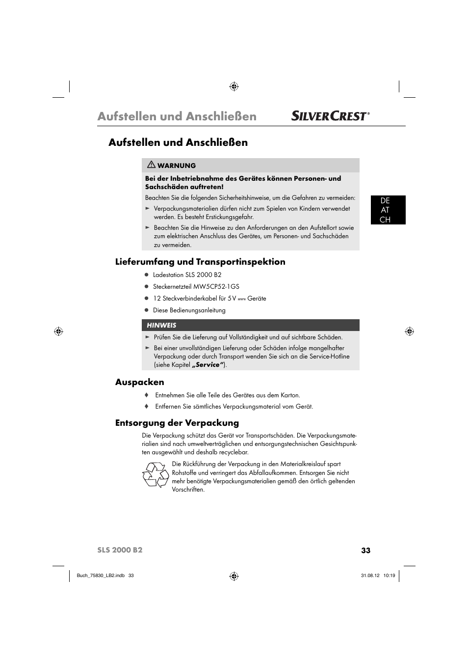 Aufstellen und anschließen, Lieferumfang und transportinspektion, Auspacken | Entsorgung der verpackung, De at ch | Silvercrest SLS 2000 B2 User Manual | Page 36 / 60