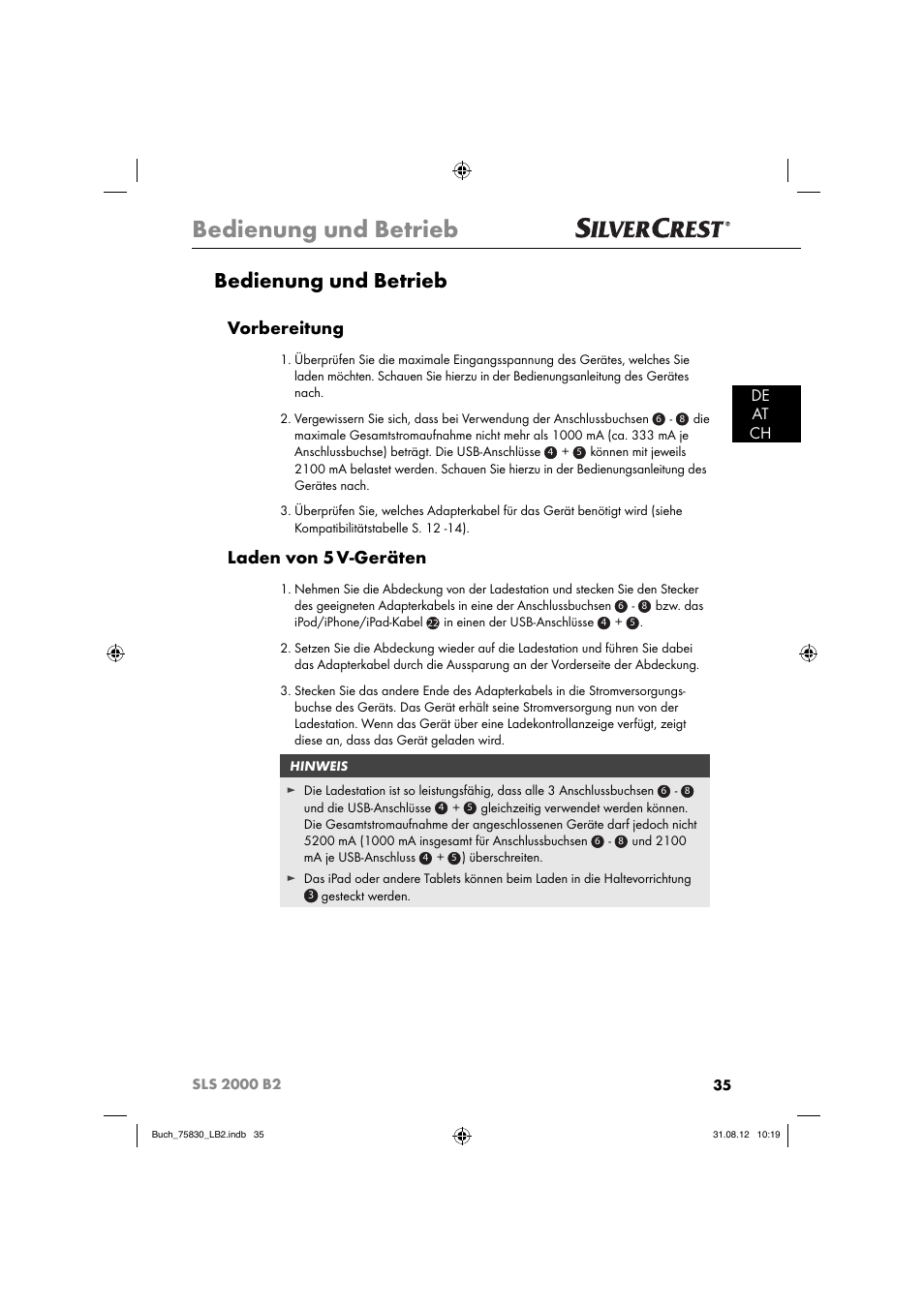 Bedienung und betrieb, Vorbereitung, Laden von 5 v-geräten | De at ch | Silvercrest SLS 2000 B2 User Manual | Page 38 / 60