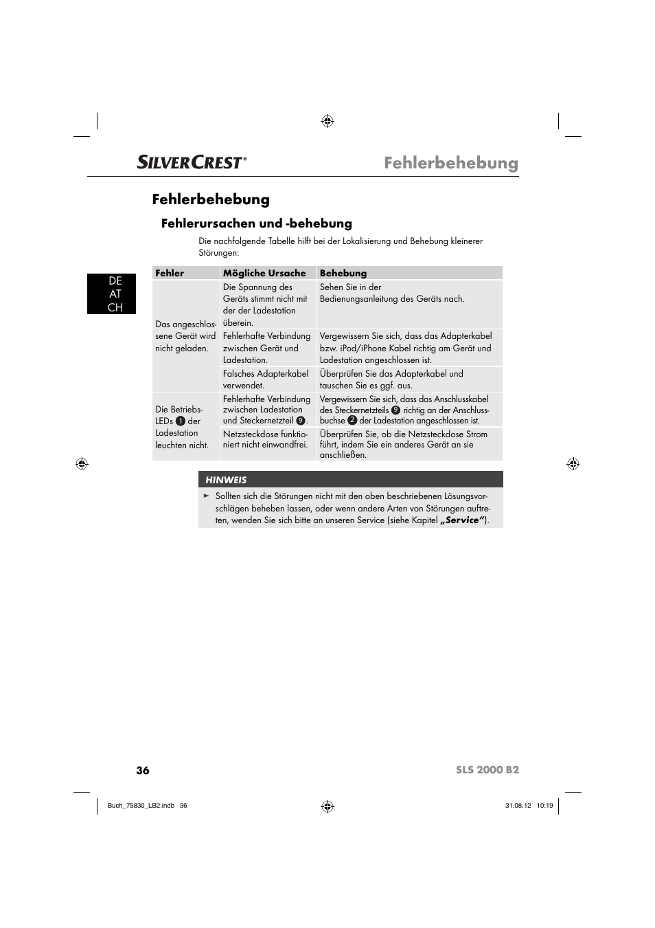 Fehlerbehebung, Fehlerursachen und -behebung, De at ch | Silvercrest SLS 2000 B2 User Manual | Page 39 / 60