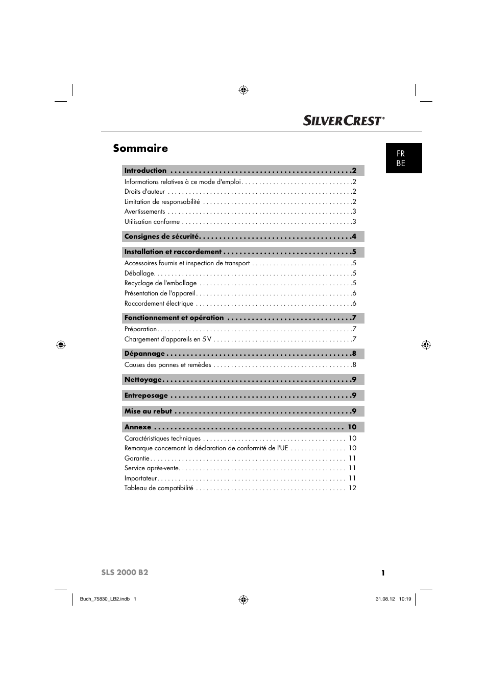 Sommaire, Fr be | Silvercrest SLS 2000 B2 User Manual | Page 4 / 60