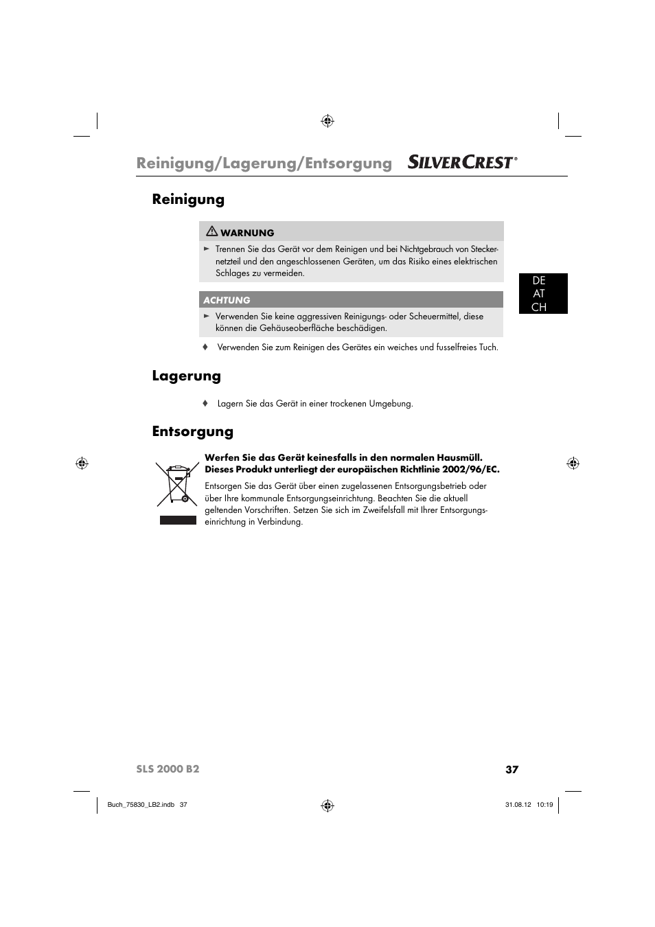 Reinigung/lagerung/entsorgung, Reinigung, Lagerung | Entsorgung, De at ch | Silvercrest SLS 2000 B2 User Manual | Page 40 / 60