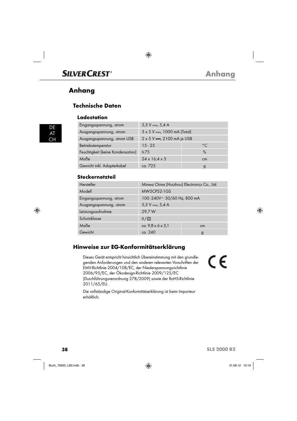 Anhang, Technische daten, Hinweise zur eg-konformitätserklärung | De at ch, Ladestation, Steckernetzteil | Silvercrest SLS 2000 B2 User Manual | Page 41 / 60