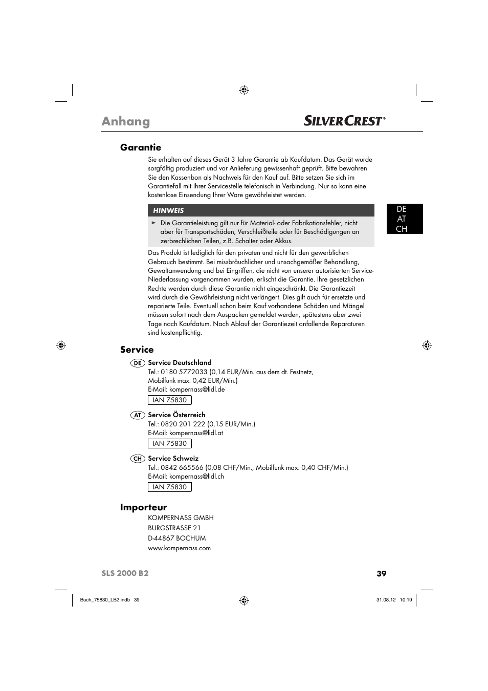 Anhang, Garantie, Service | Importeur, De at ch | Silvercrest SLS 2000 B2 User Manual | Page 42 / 60