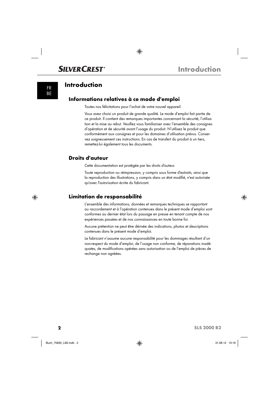 Introduction, Informations relatives à ce mode d'emploi, Droits d'auteur | Limitation de responsabilité | Silvercrest SLS 2000 B2 User Manual | Page 5 / 60