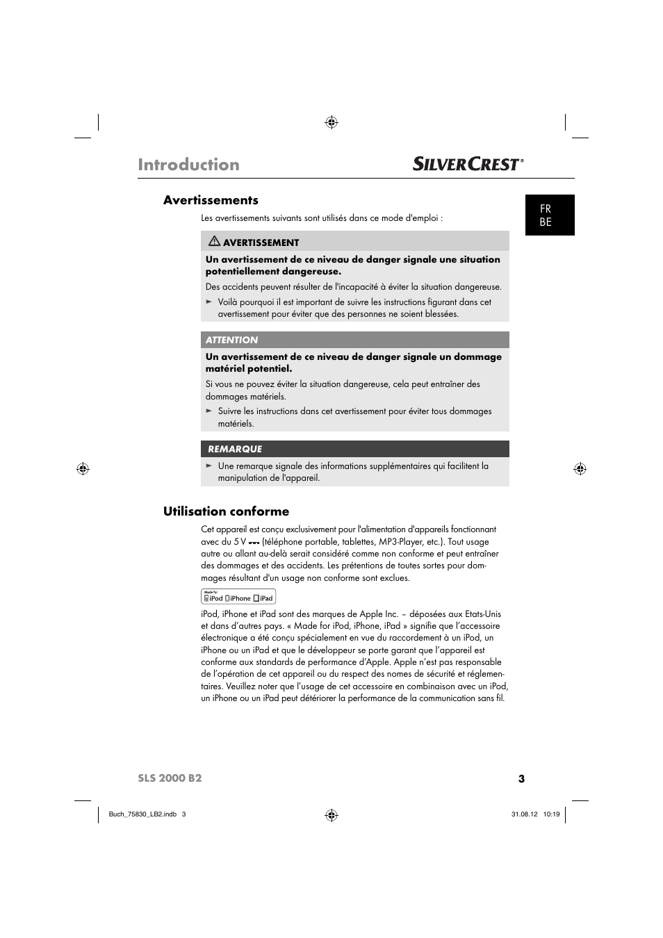 Introduction, Avertissements, Utilisation conforme | Fr be | Silvercrest SLS 2000 B2 User Manual | Page 6 / 60