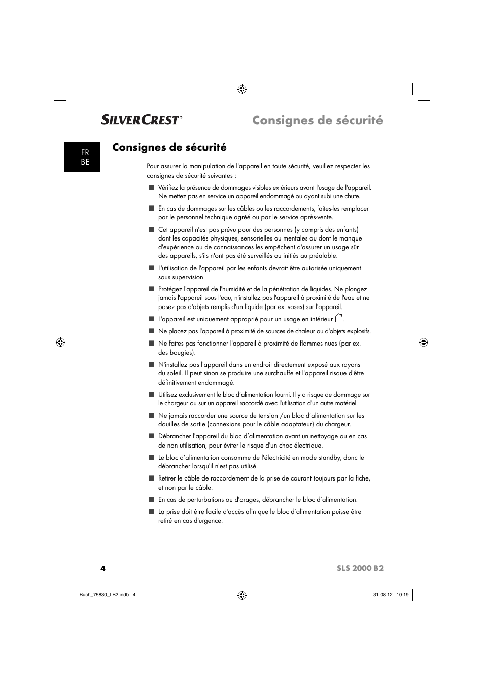 Consignes de sécurité, Fr be | Silvercrest SLS 2000 B2 User Manual | Page 7 / 60