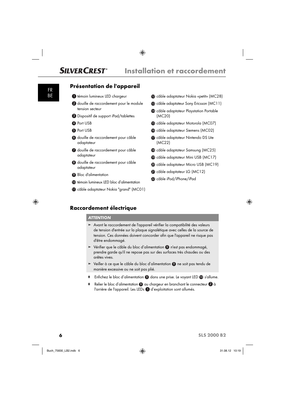 Installation et raccordement, Présentation de l'appareil, Raccordement électrique | Fr be | Silvercrest SLS 2000 B2 User Manual | Page 9 / 60