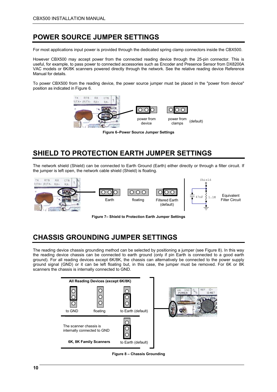 Power source jumper settings, Shield to protection earth jumper settings, Chassis grounding jumper settings | Datalogic Scanning CBX500 User Manual | Page 10 / 15