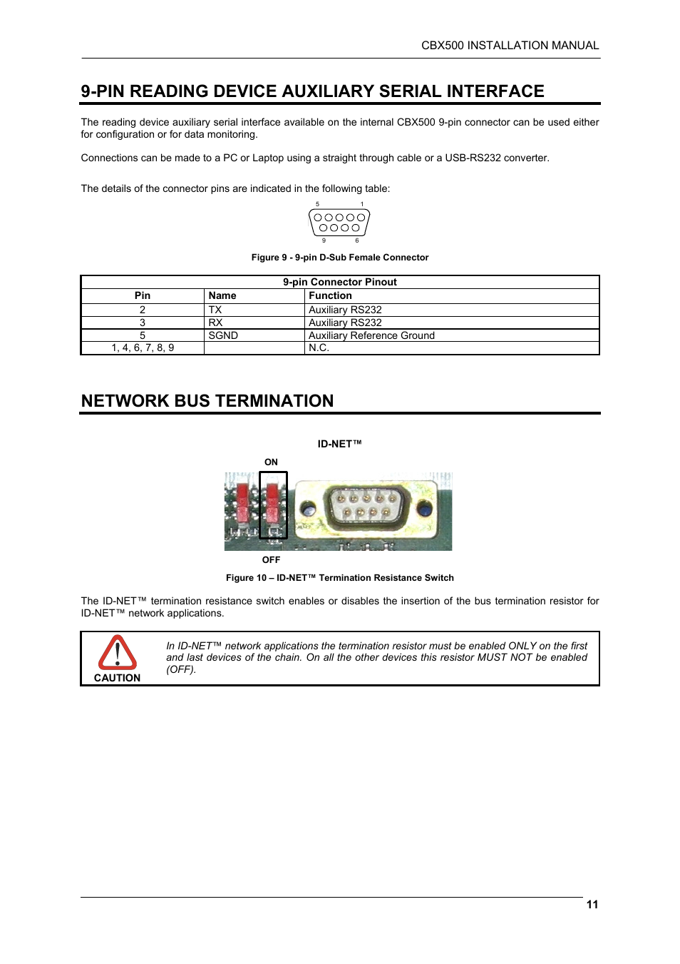 Pin reading device auxiliary serial interface, Network bus termination | Datalogic Scanning CBX500 User Manual | Page 11 / 15