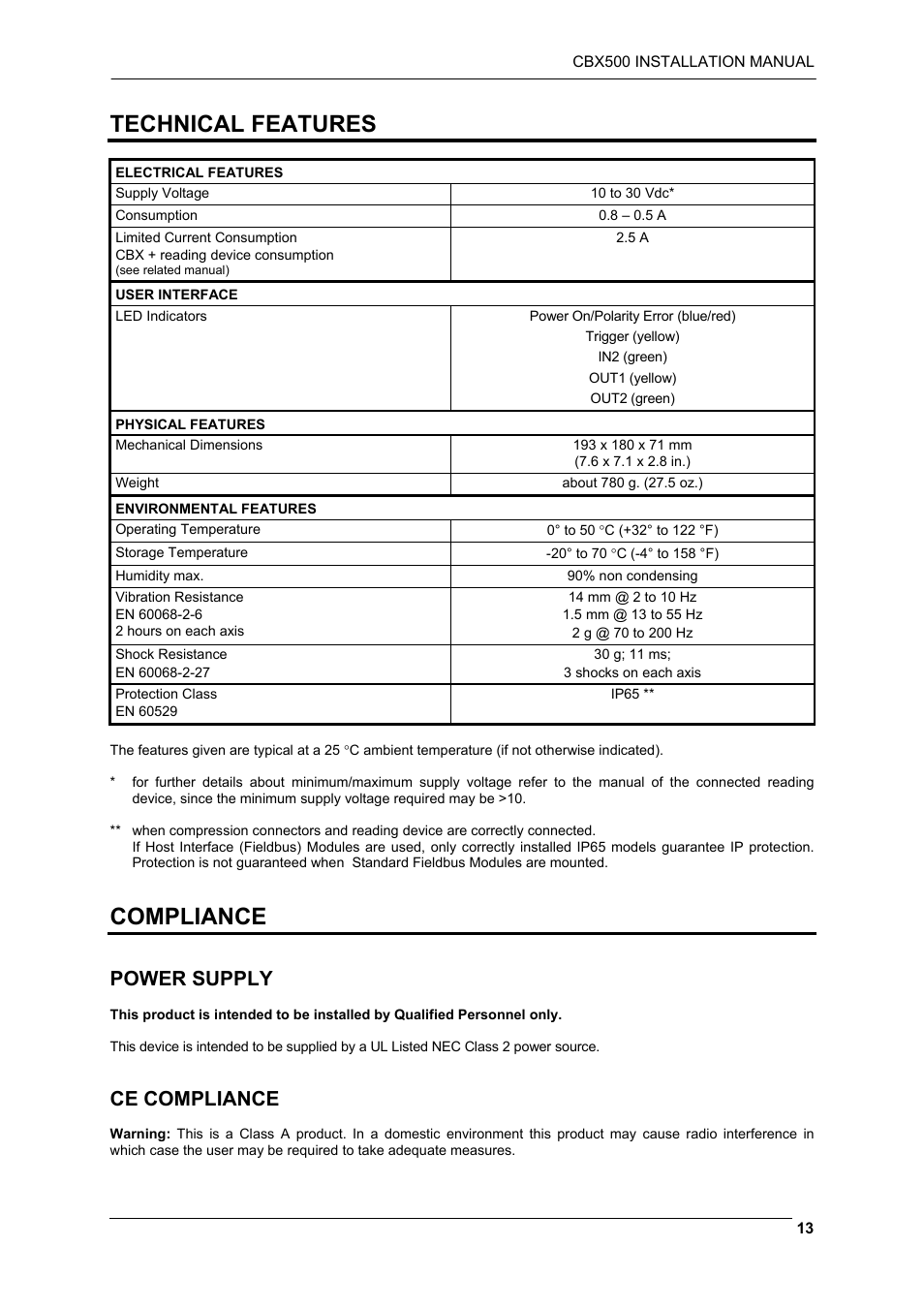 Technical features, Compliance, Power supply | Ce compliance | Datalogic Scanning CBX500 User Manual | Page 13 / 15