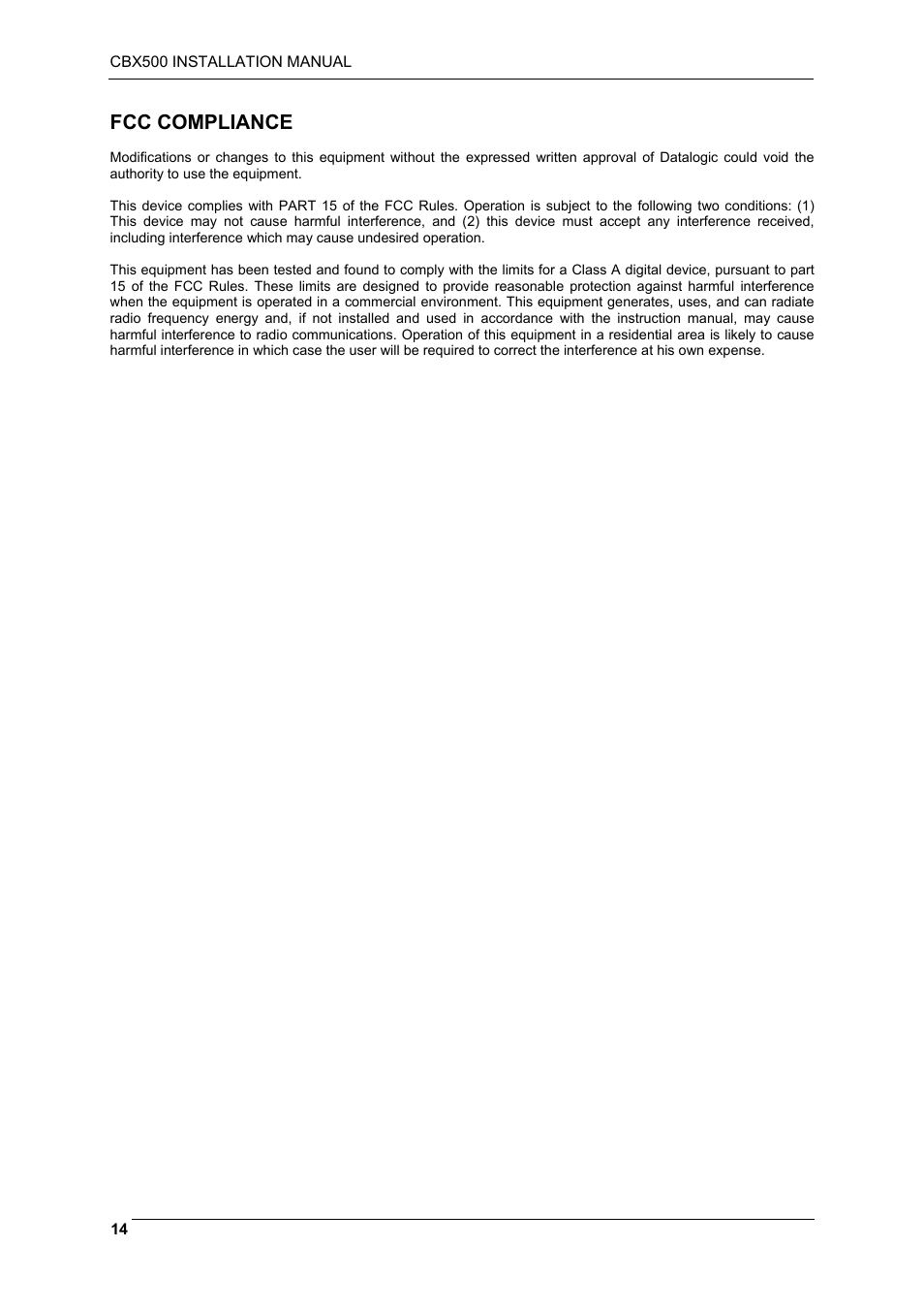Fcc compliance | Datalogic Scanning CBX500 User Manual | Page 14 / 15
