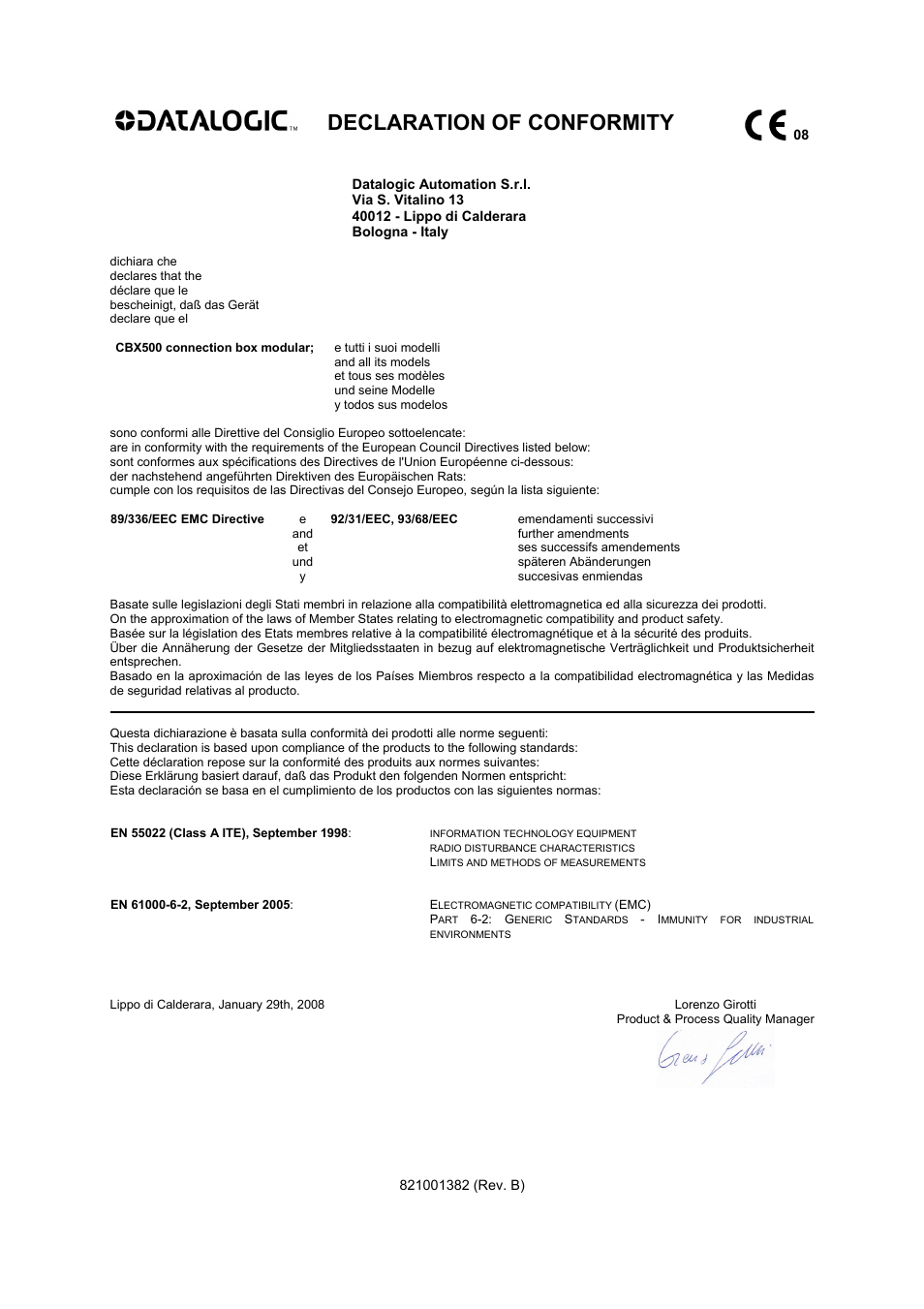 Declaration of conformity | Datalogic Scanning CBX500 User Manual | Page 15 / 15