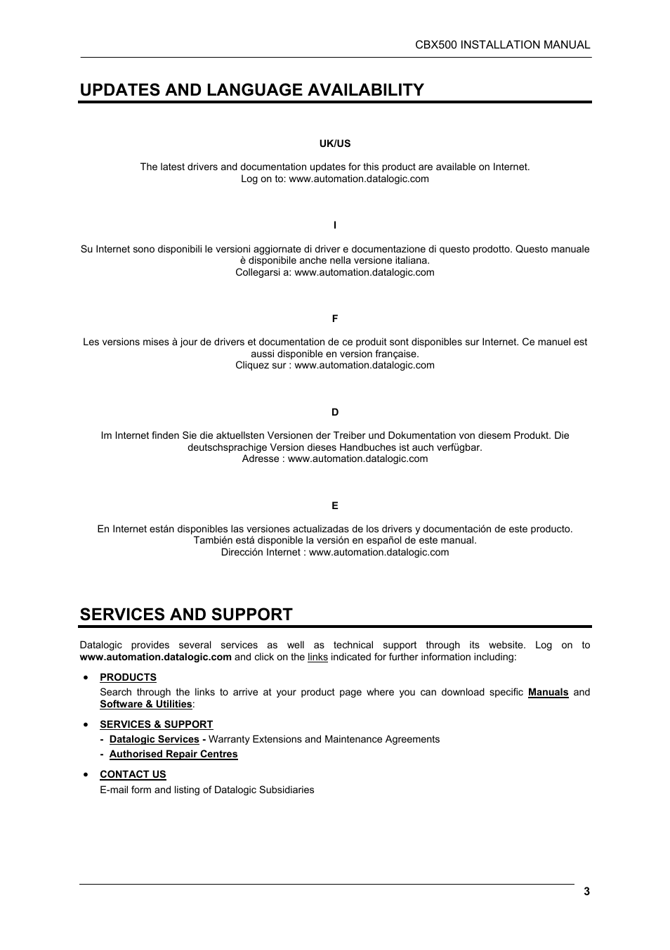 Updates and language availability, Services and support | Datalogic Scanning CBX500 User Manual | Page 3 / 15