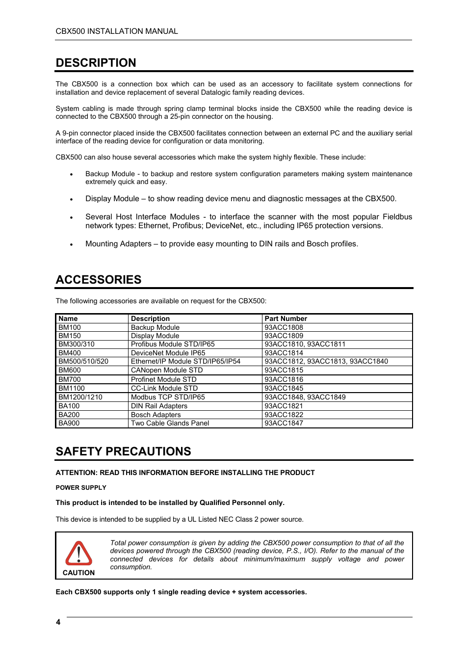 Description, Accessories, Safety precautions | Datalogic Scanning CBX500 User Manual | Page 4 / 15