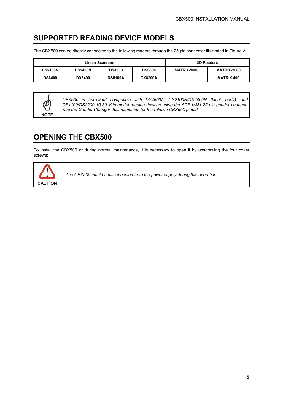 Supported reading device models, Opening the cbx500 | Datalogic Scanning CBX500 User Manual | Page 5 / 15