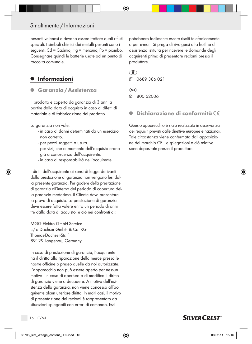 Smaltimento / informazioni, Informazioni, Garanzia / assistenza | Dichiarazione di conformità | Silvercrest Digital Bathroom Scale User Manual | Page 12 / 32