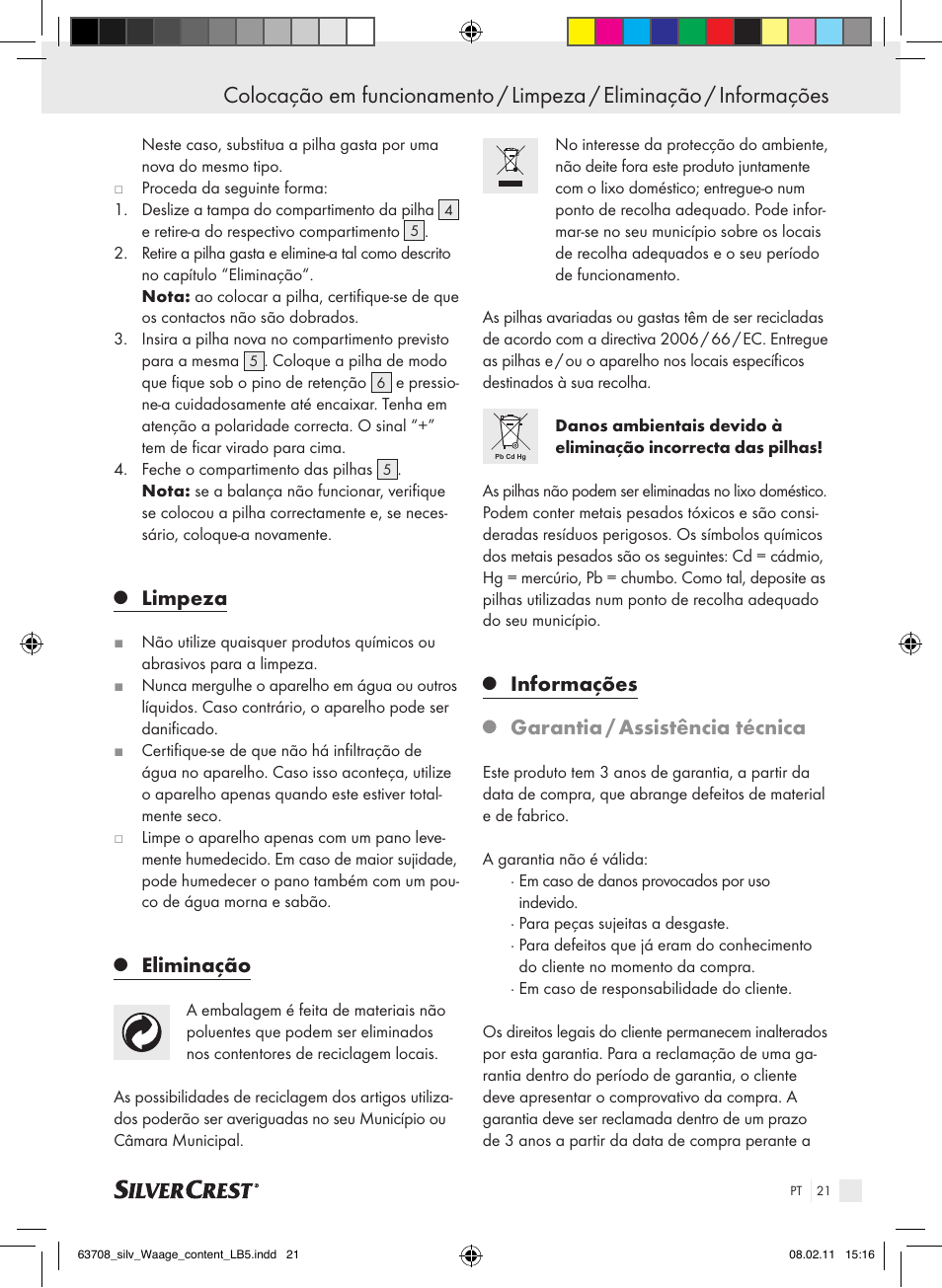 Limpeza, Eliminação, Informações | Garantia / assistência técnica | Silvercrest Digital Bathroom Scale User Manual | Page 17 / 32