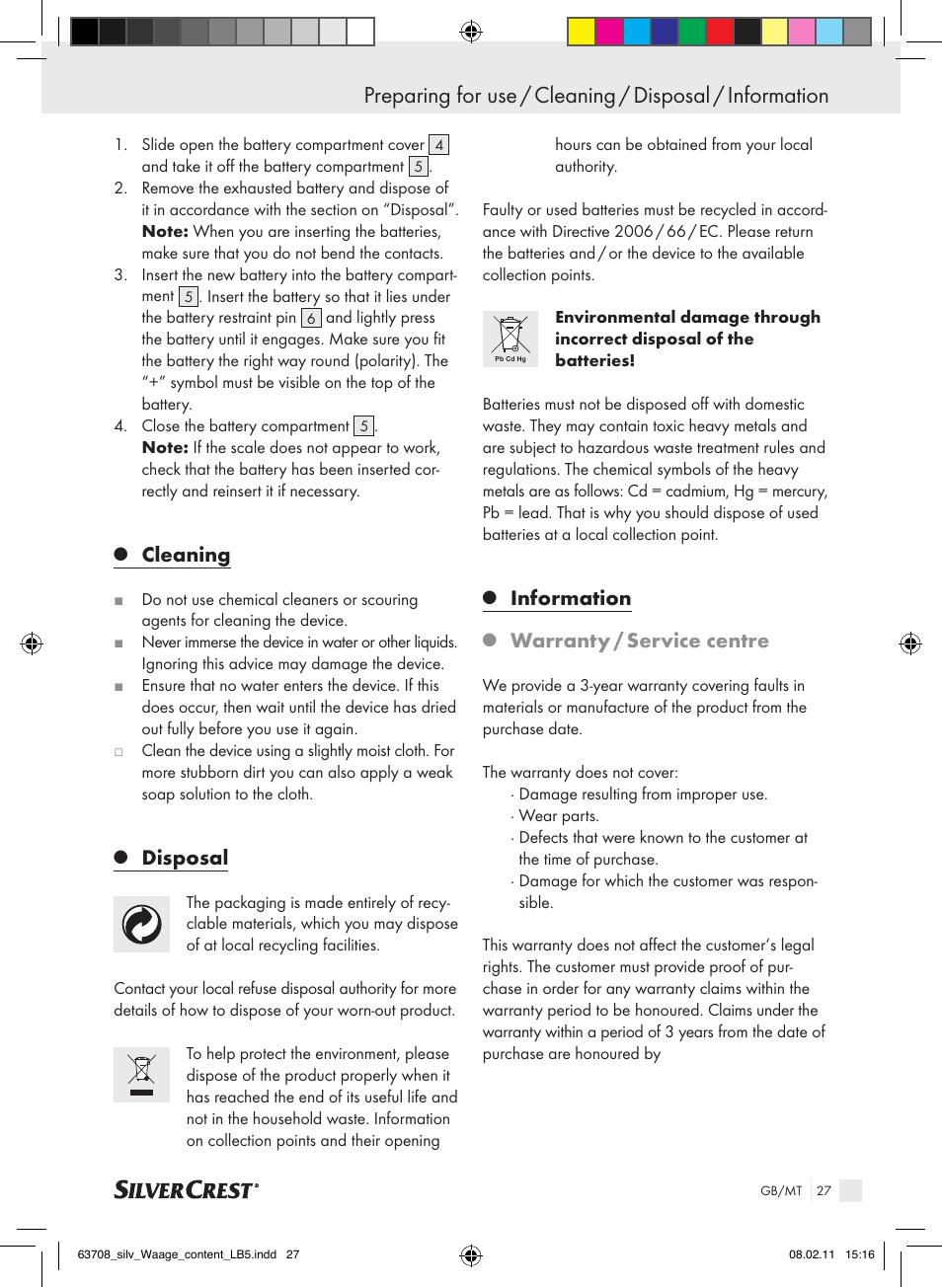 Cleaning, Disposal, Information | Warranty / service centre | Silvercrest Digital Bathroom Scale User Manual | Page 23 / 32