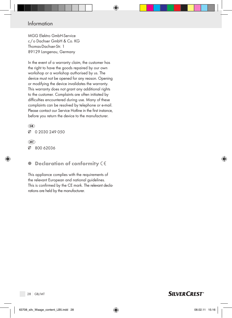 Information, Declaration of conformity | Silvercrest Digital Bathroom Scale User Manual | Page 24 / 32