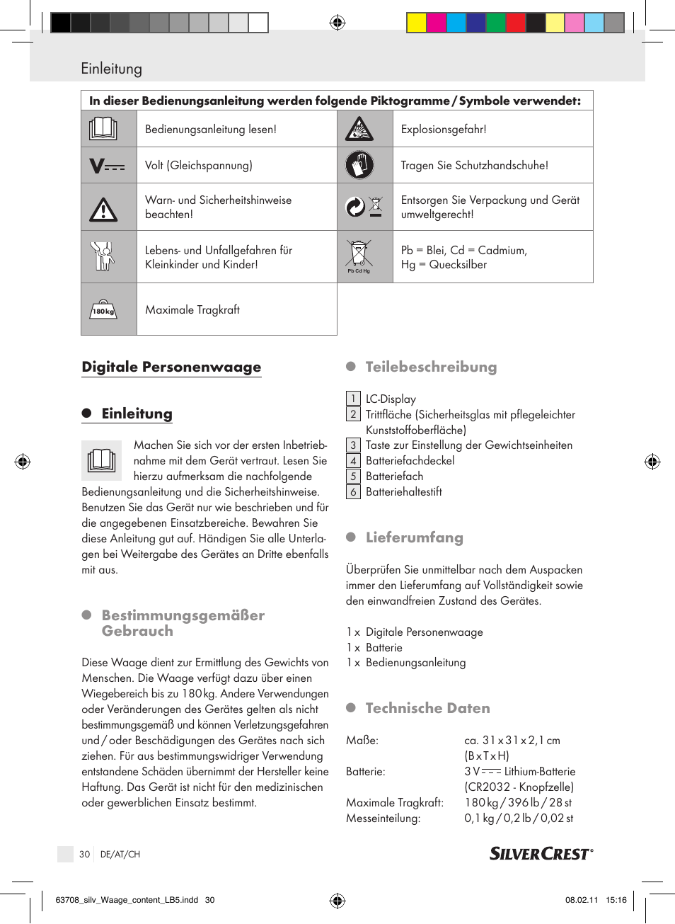 Einleitung, Digitale personenwaage, Bestimmungsgemäßer gebrauch | Teilebeschreibung, Lieferumfang, Technische daten | Silvercrest Digital Bathroom Scale User Manual | Page 26 / 32