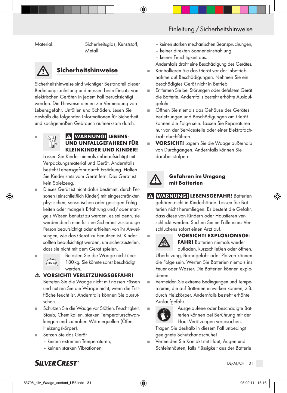 Einleitung / sicherheitshinweise, Sicherheitshinweise | Silvercrest Digital Bathroom Scale User Manual | Page 27 / 32