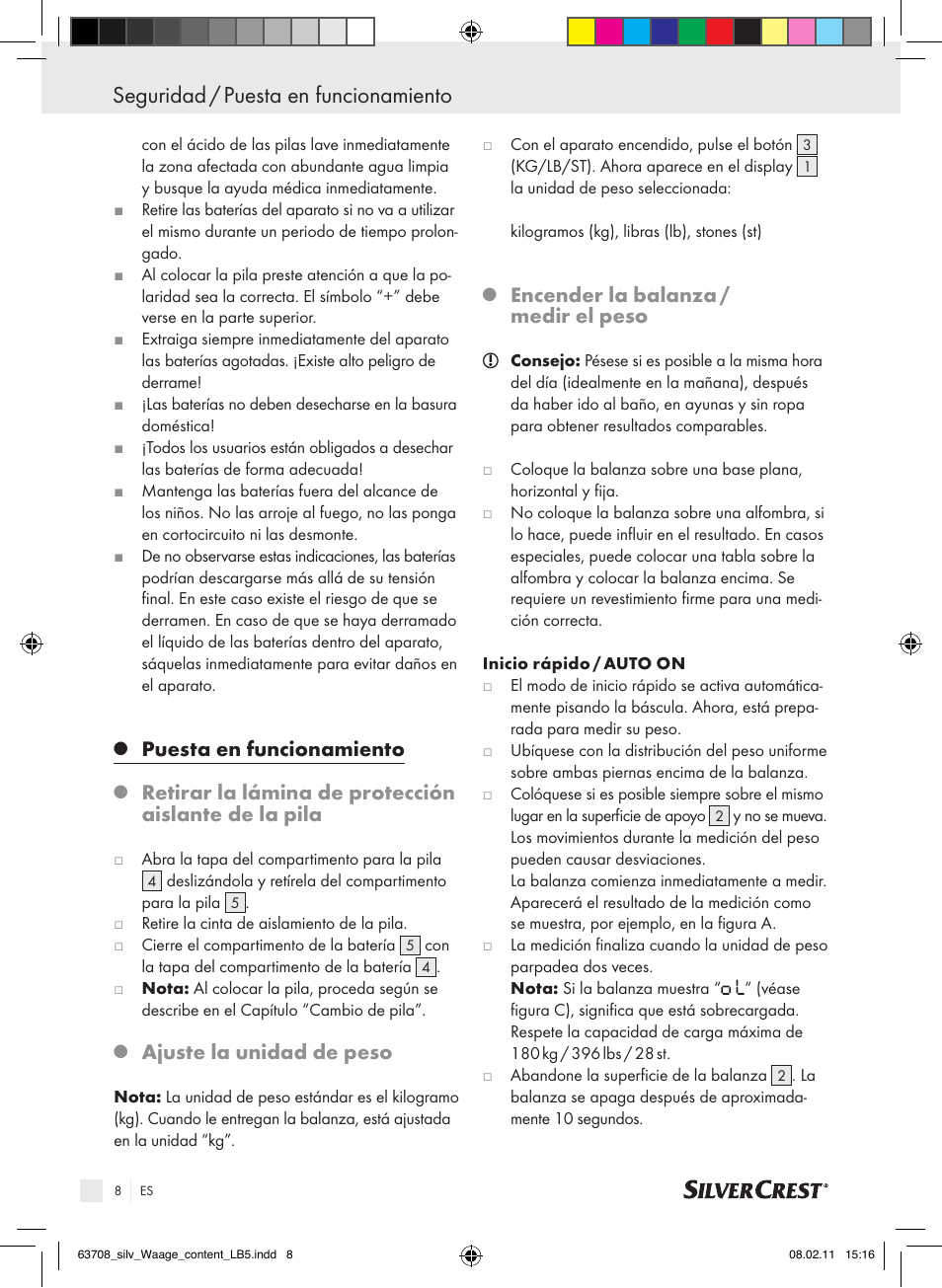 Seguridad / puesta en funcionamiento, Puesta en funcionamiento, Ajuste la unidad de peso | Encender la balanza / medir el peso | Silvercrest Digital Bathroom Scale User Manual | Page 4 / 32