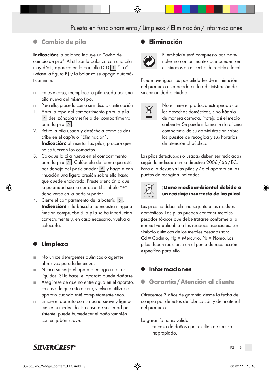 Cambio de pila, Limpieza, Eliminación | Informaciones, Garantía / atención al cliente | Silvercrest Digital Bathroom Scale User Manual | Page 5 / 32