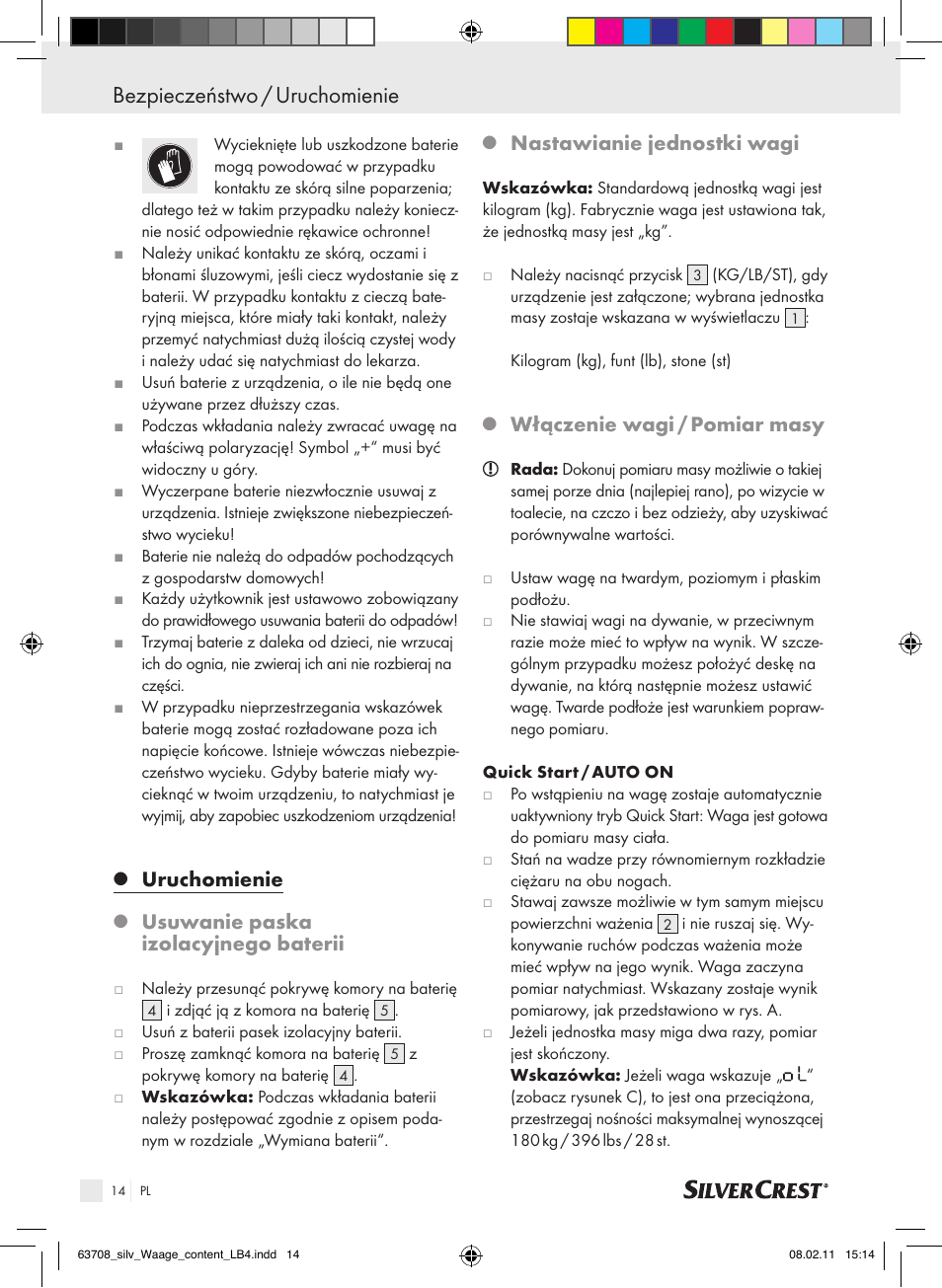 Bezpieczeństwo / uruchomienie, Uruchomienie, Usuwanie paska izolacyjnego baterii | Nastawianie jednostki wagi, Włączenie wagi / pomiar masy | Silvercrest Digital Bathroom Scale User Manual | Page 10 / 44