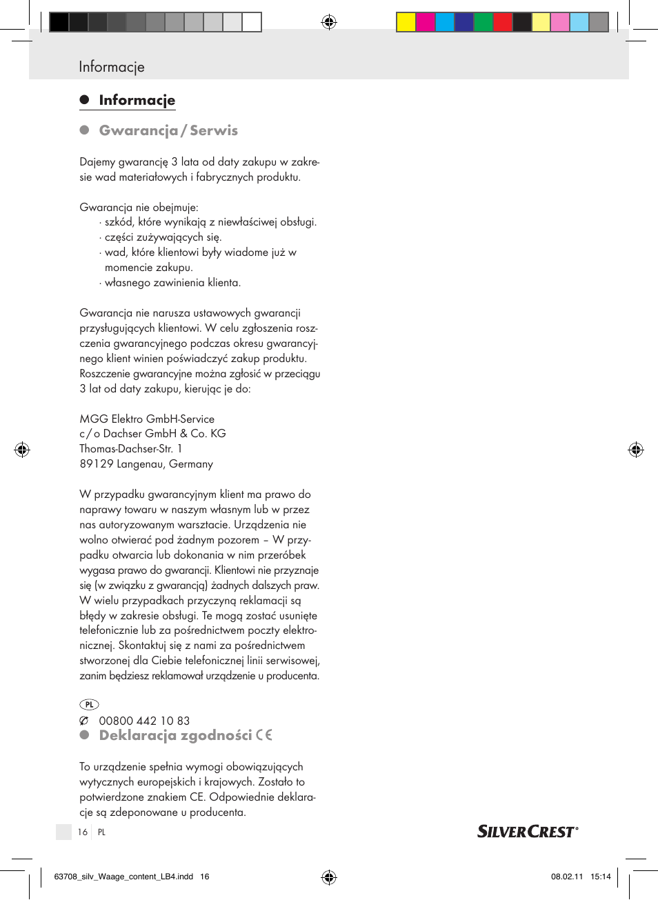 Informacje, Gwarancja / serwis, Deklaracja zgodności | Silvercrest Digital Bathroom Scale User Manual | Page 12 / 44