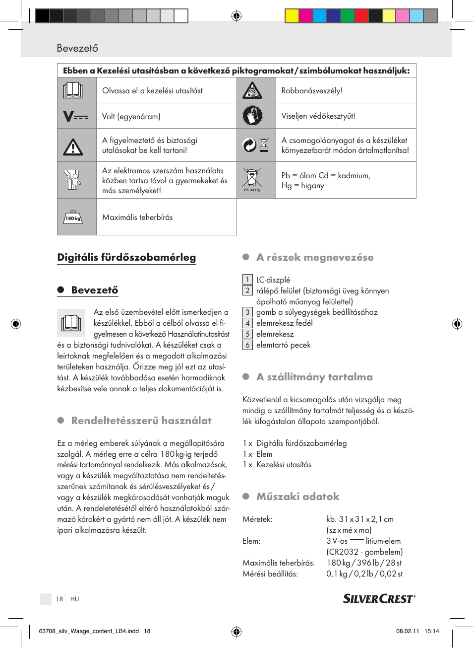 Bevezető, Digitális fürdőszobamérleg, Rendeltetésszerű használat | A részek megnevezése, A szállítmány tartalma, Műszaki adatok | Silvercrest Digital Bathroom Scale User Manual | Page 14 / 44