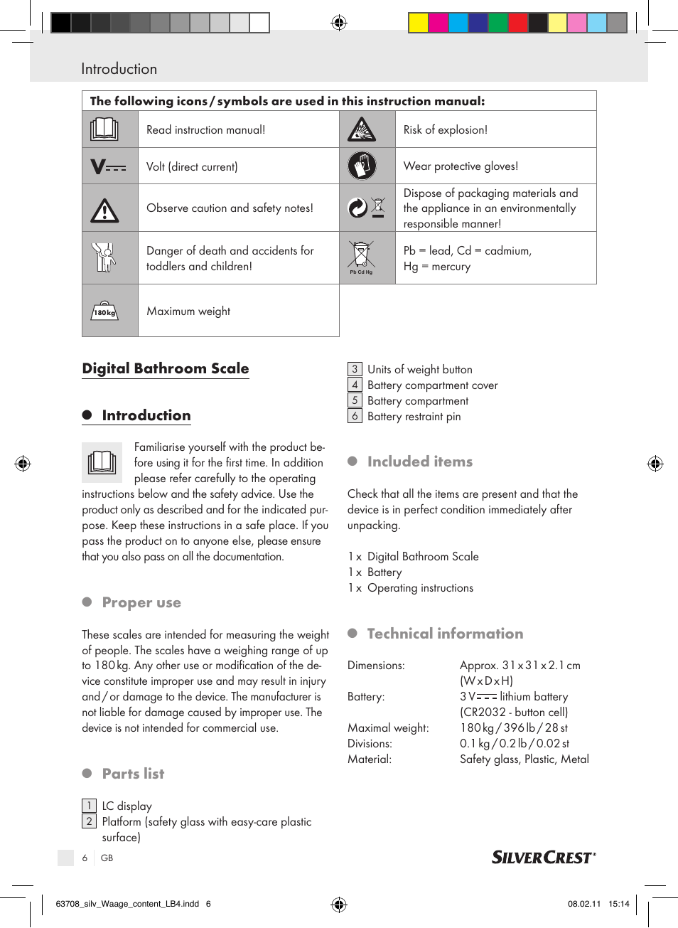 Digital bathroom scale, Introduction, Proper use | Parts list, Included items, Technical information | Silvercrest Digital Bathroom Scale User Manual | Page 2 / 44