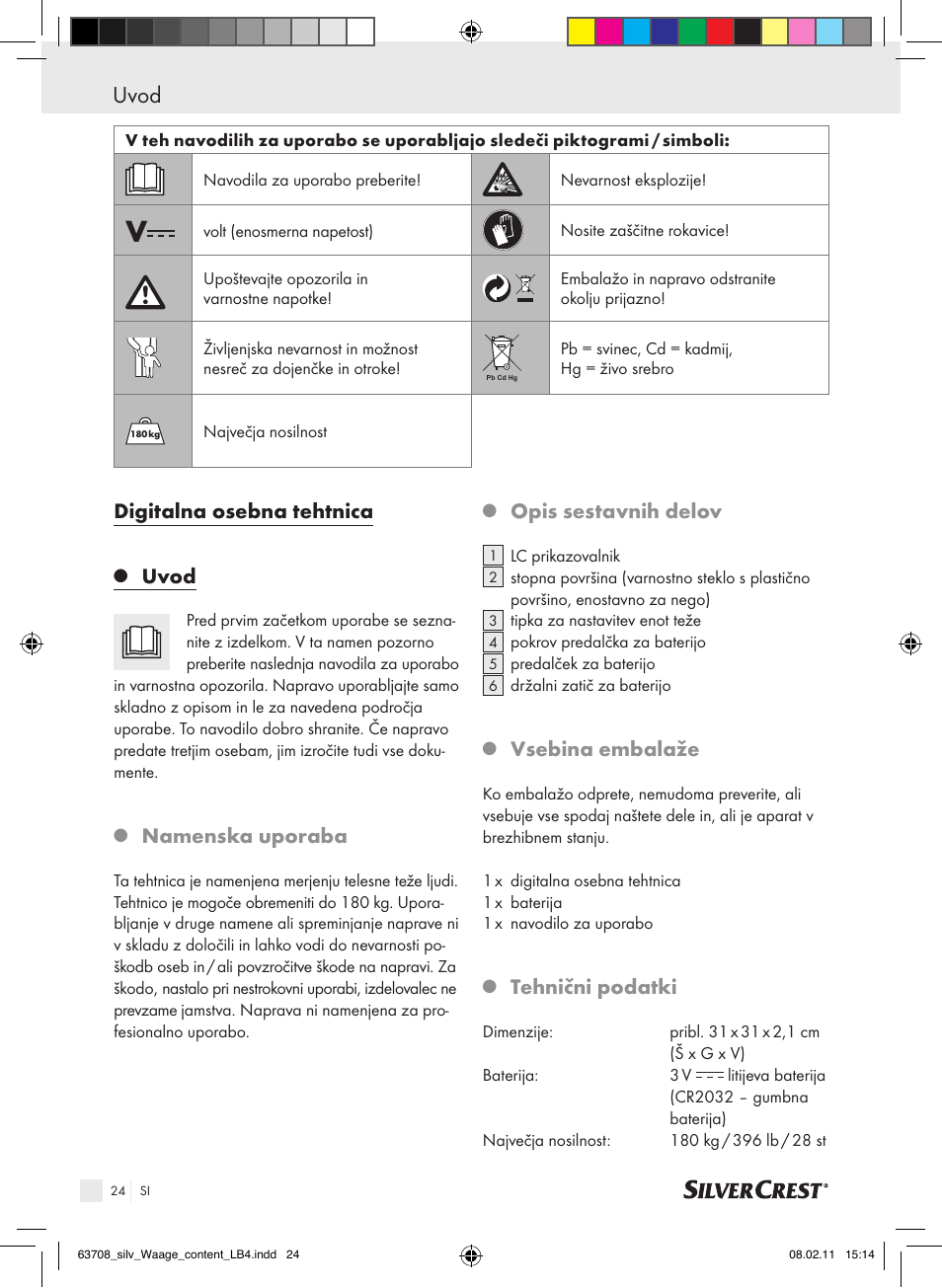 Uvod, Digitalna osebna tehtnica, Namenska uporaba | Opis sestavnih delov, Vsebina embalaže, Tehnični podatki | Silvercrest Digital Bathroom Scale User Manual | Page 20 / 44