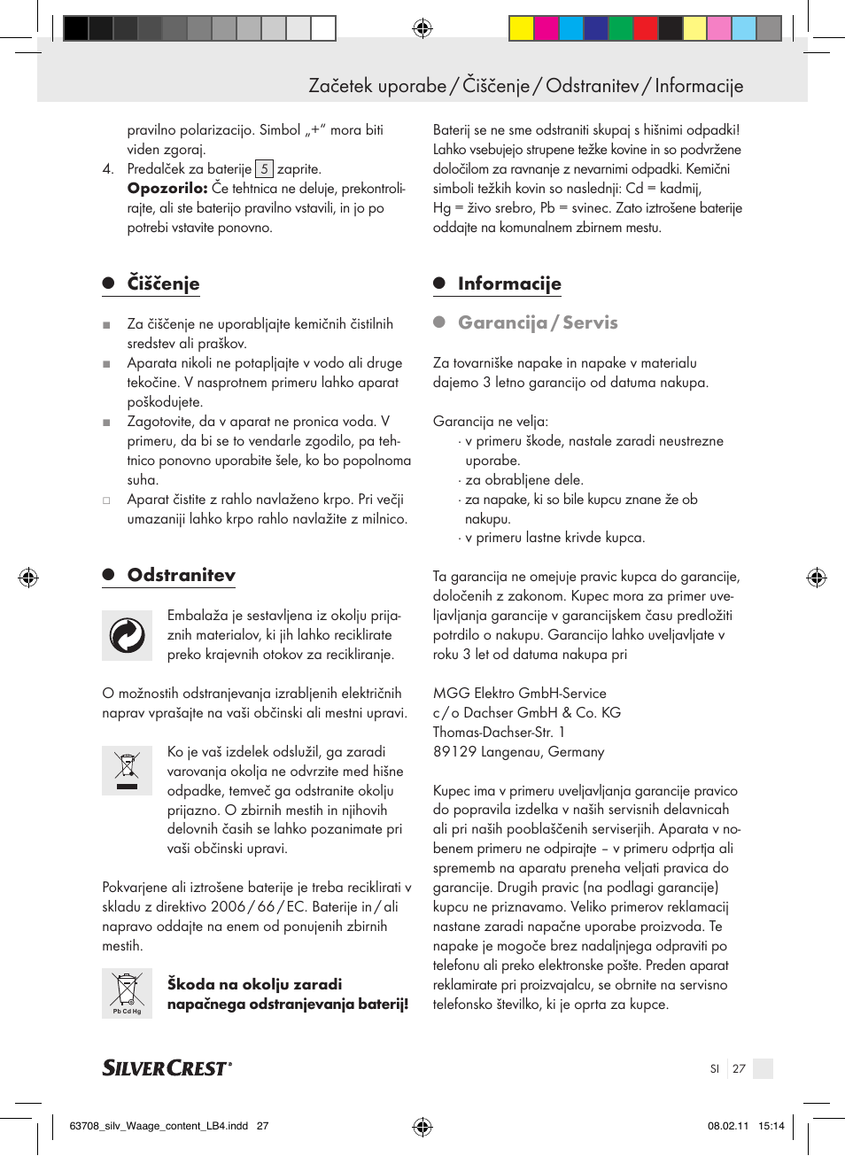 Čiščenje, Odstranitev, Informacije | Garancija / servis | Silvercrest Digital Bathroom Scale User Manual | Page 23 / 44