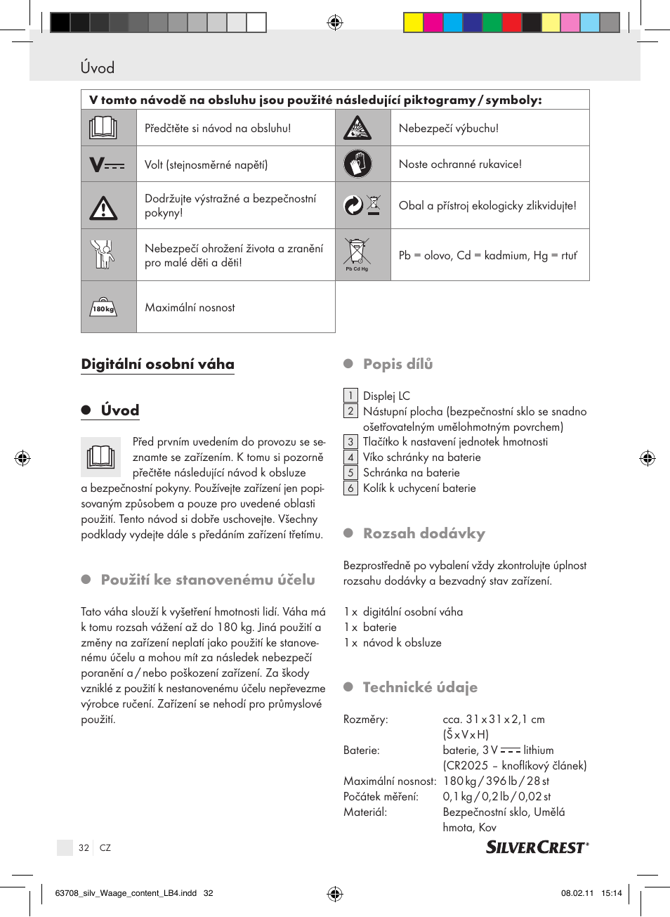 Úvod, Digitální osobní váha, Použití ke stanovenému účelu | Popis dílů, Rozsah dodávky, Technické údaje | Silvercrest Digital Bathroom Scale User Manual | Page 28 / 44