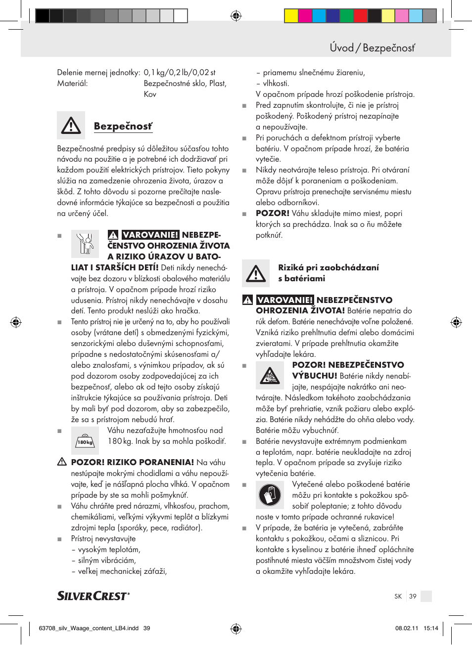 Úvod / bezpečnosť, Bezpečnosť | Silvercrest Digital Bathroom Scale User Manual | Page 35 / 44