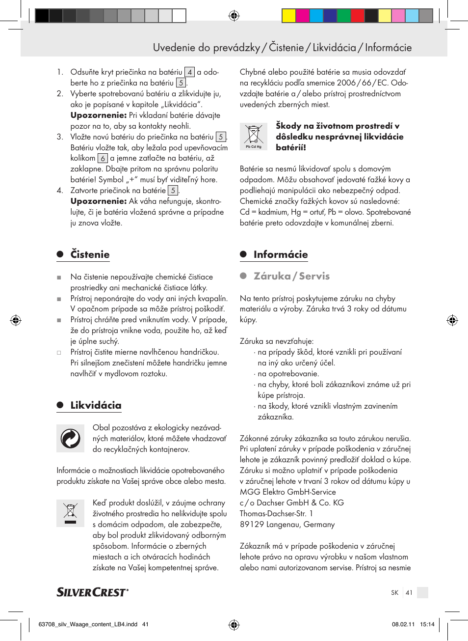 Čistenie, Likvidácia, Informácie | Záruka / servis | Silvercrest Digital Bathroom Scale User Manual | Page 37 / 44